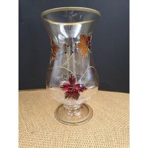 Hand Painted Glass Vase Centerpiece Autumn Fall‎ Theme Orange Red Oak Leaves